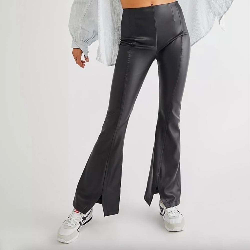 FREE PEOPLE WE THE FREE BLACK REAL DEAL SLIT VEGAN FAUX LEATHER PANTS SZ 34